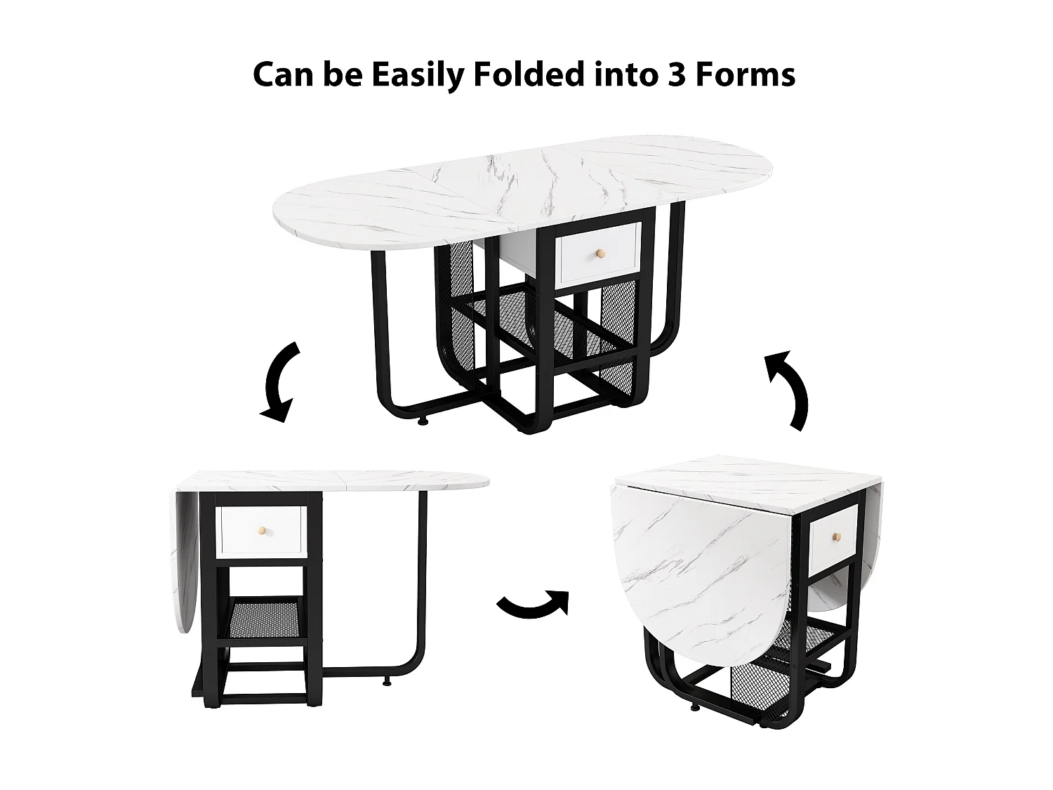 Mesa de jantar extensível para 2 a 6 talheres com gavetas e prateleiras - Aglomerado e metal - branco + preto