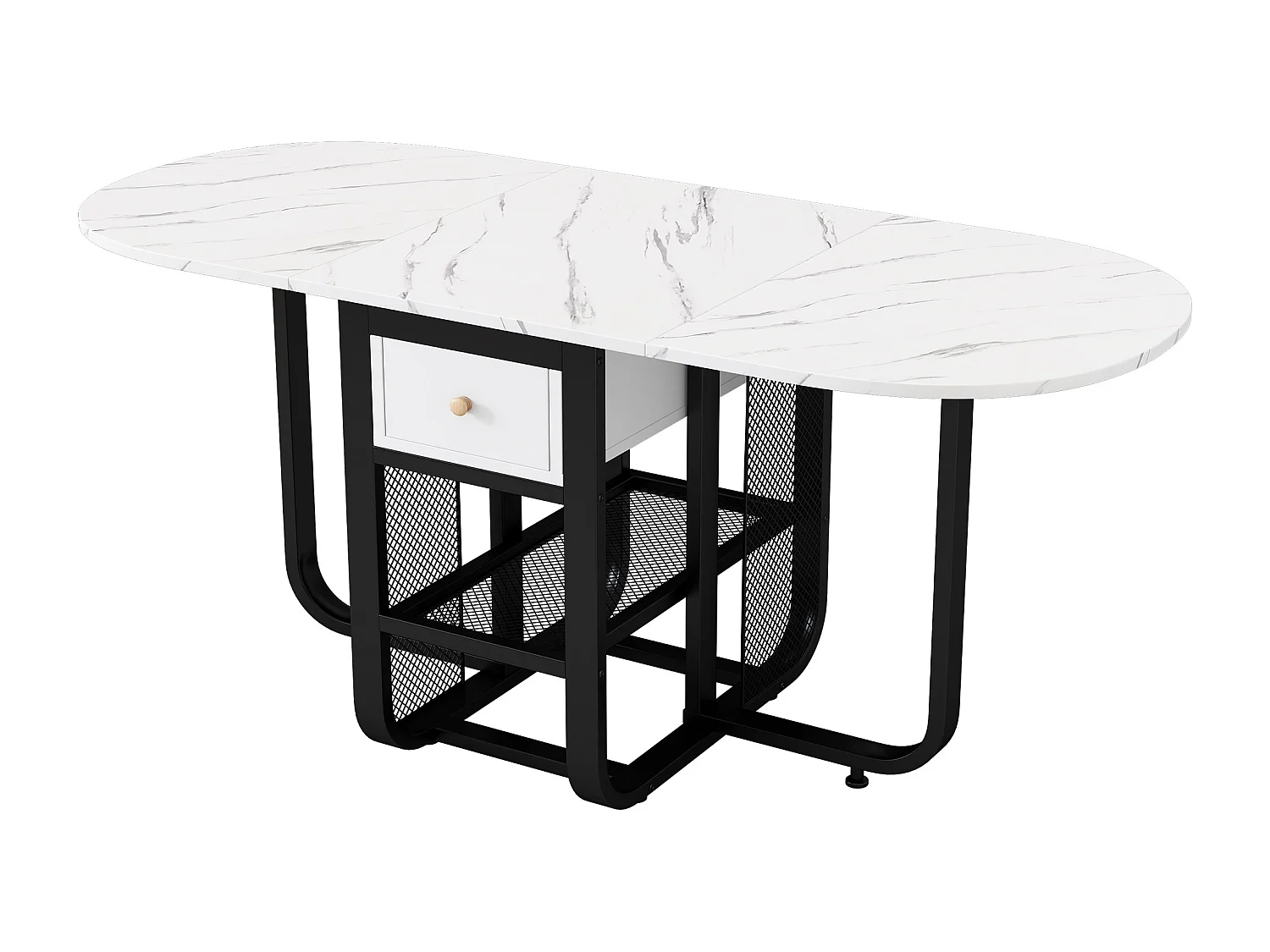 Mesa de jantar extensível para 2 a 6 talheres com gavetas e prateleiras - Aglomerado e metal - branco + preto
