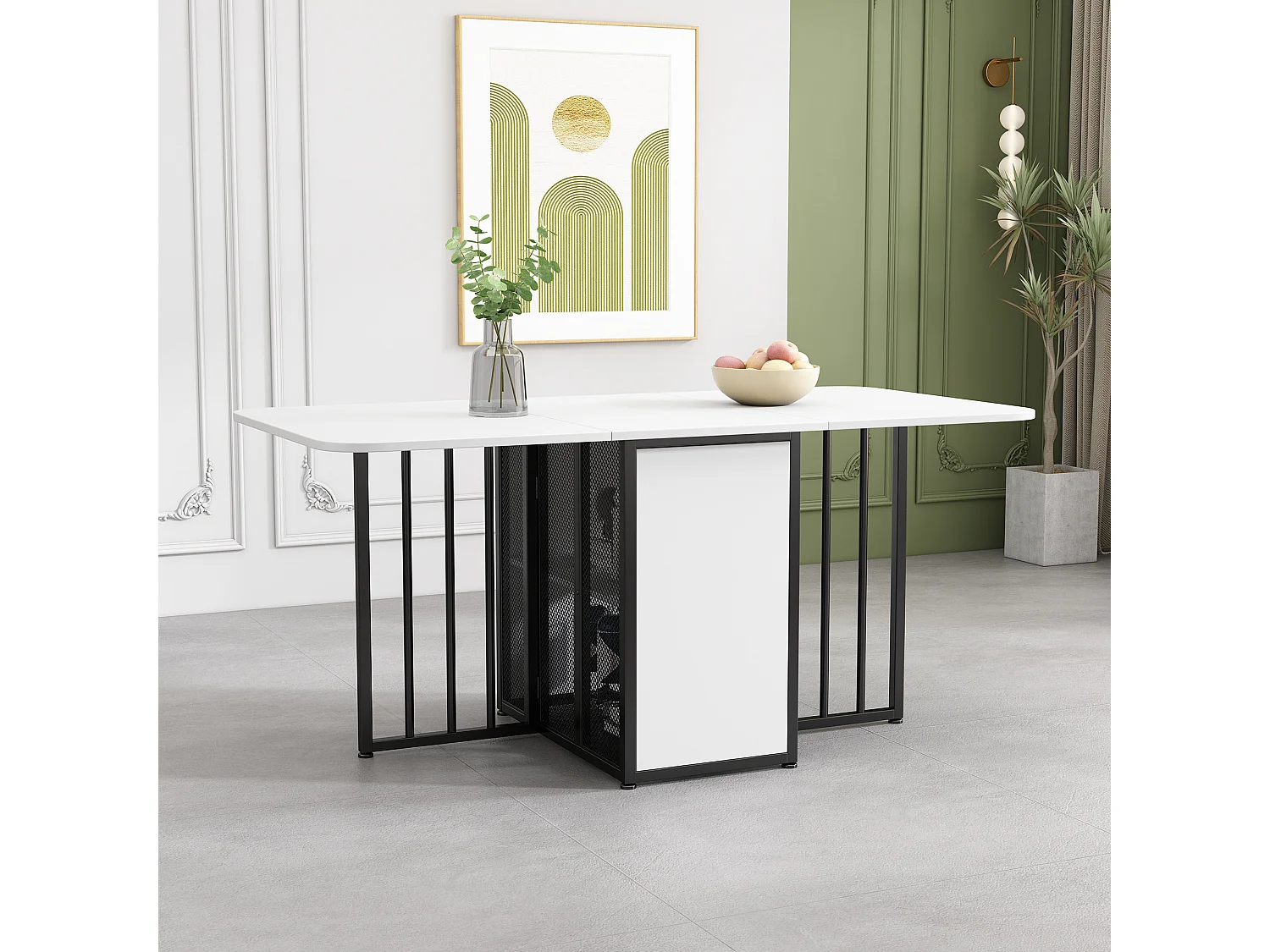 Rozkładany stół jadalny dla 2-6 osób z półkami do przechowywania - Płyta wiórowa i metal - biały + czarny