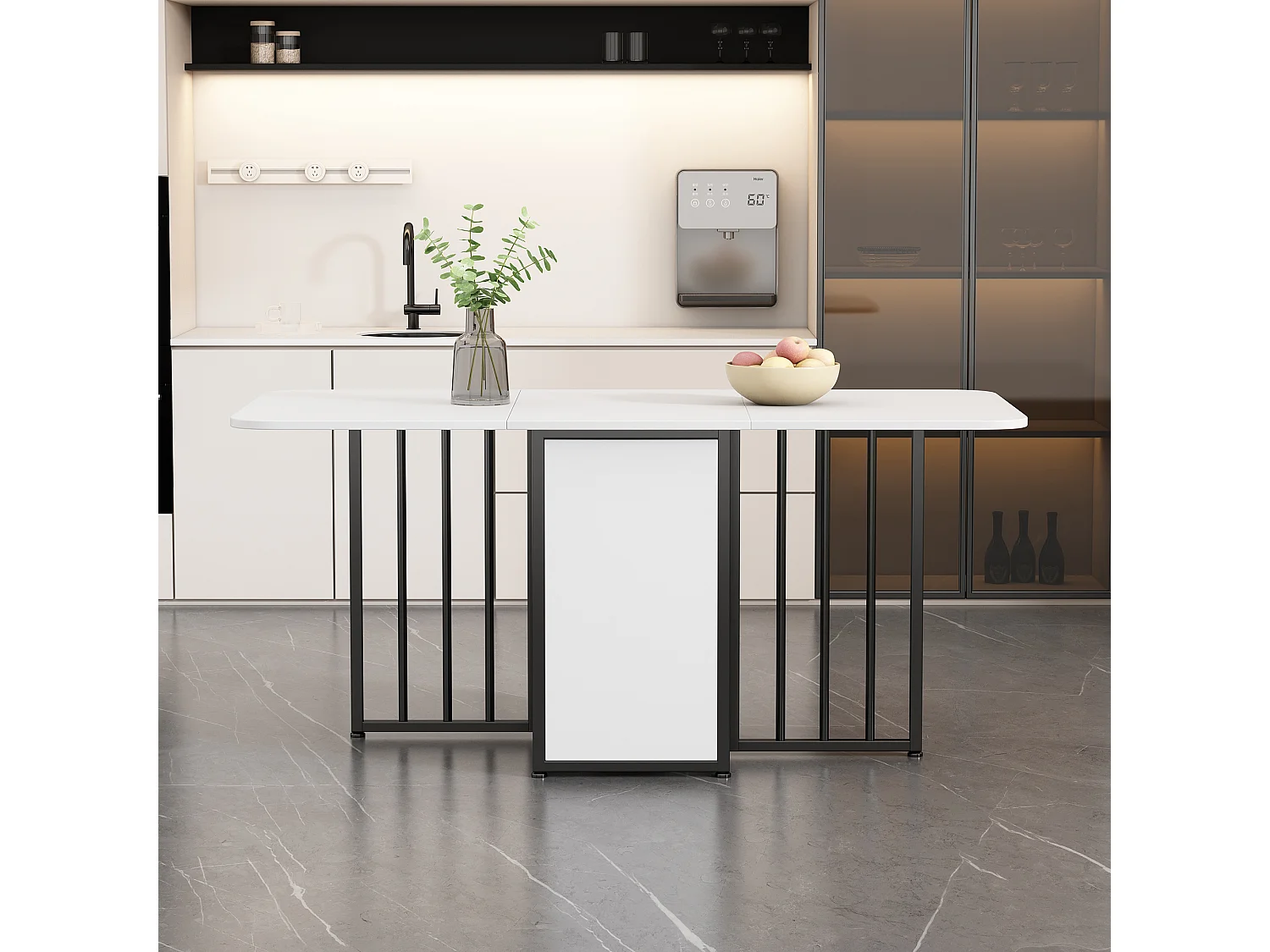 Rozkładany stół jadalny dla 2-6 osób z półkami do przechowywania - Płyta wiórowa i metal - biały + czarny