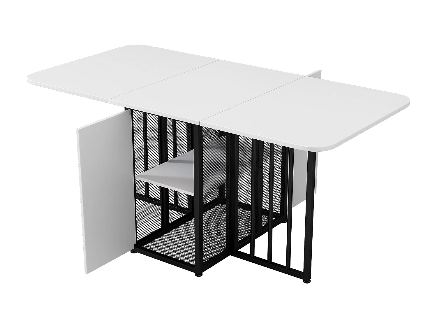 Rozkładany stół jadalny dla 2-6 osób z półkami do przechowywania - Płyta wiórowa i metal - biały + czarny