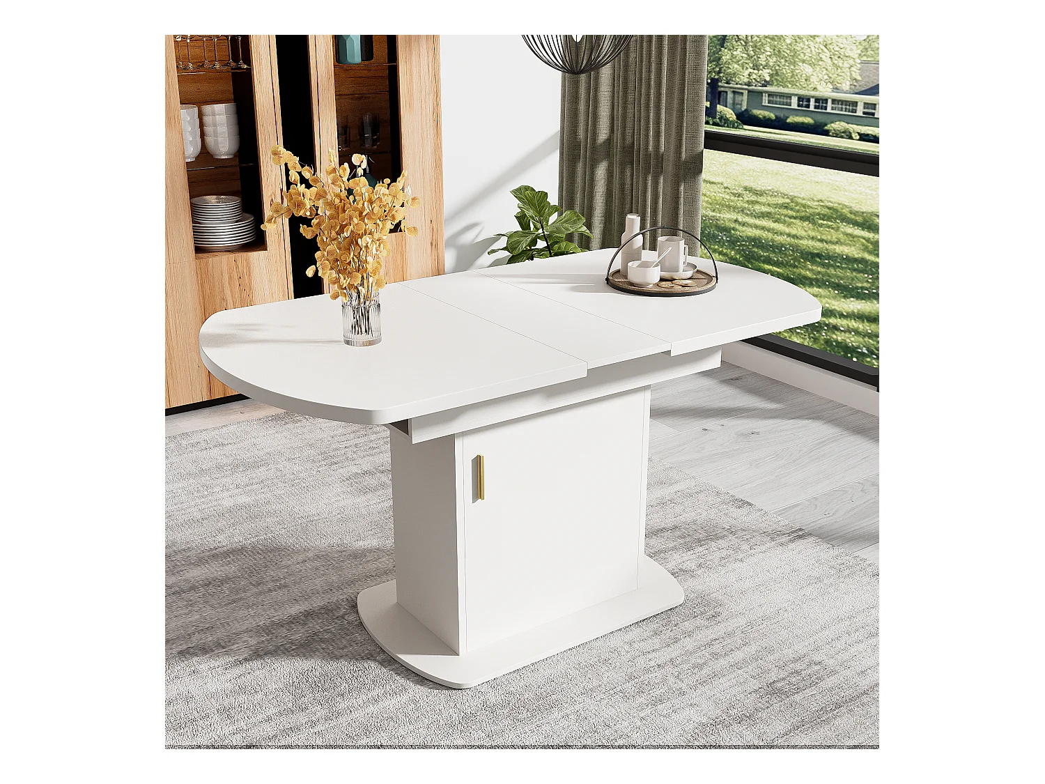 Table à manger ovale extensible 4 à 6 couverts avec étagères - L110/130xW70xH75cm - Panneau de particules - Blanc + or