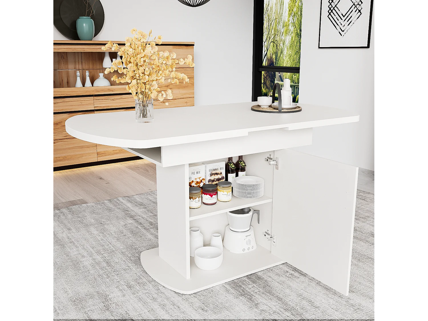 Table à manger ovale extensible 4 à 6 couverts avec étagères - L110/130xW70xH75cm - Panneau de particules - Blanc + or