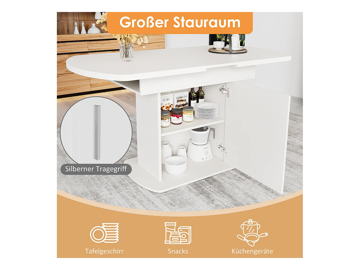 Mesa de jantar oval extensível para 4 a 6 talheres com prateleiras - C110/130xL70xA75cm - Aglomerado - Branco + prata