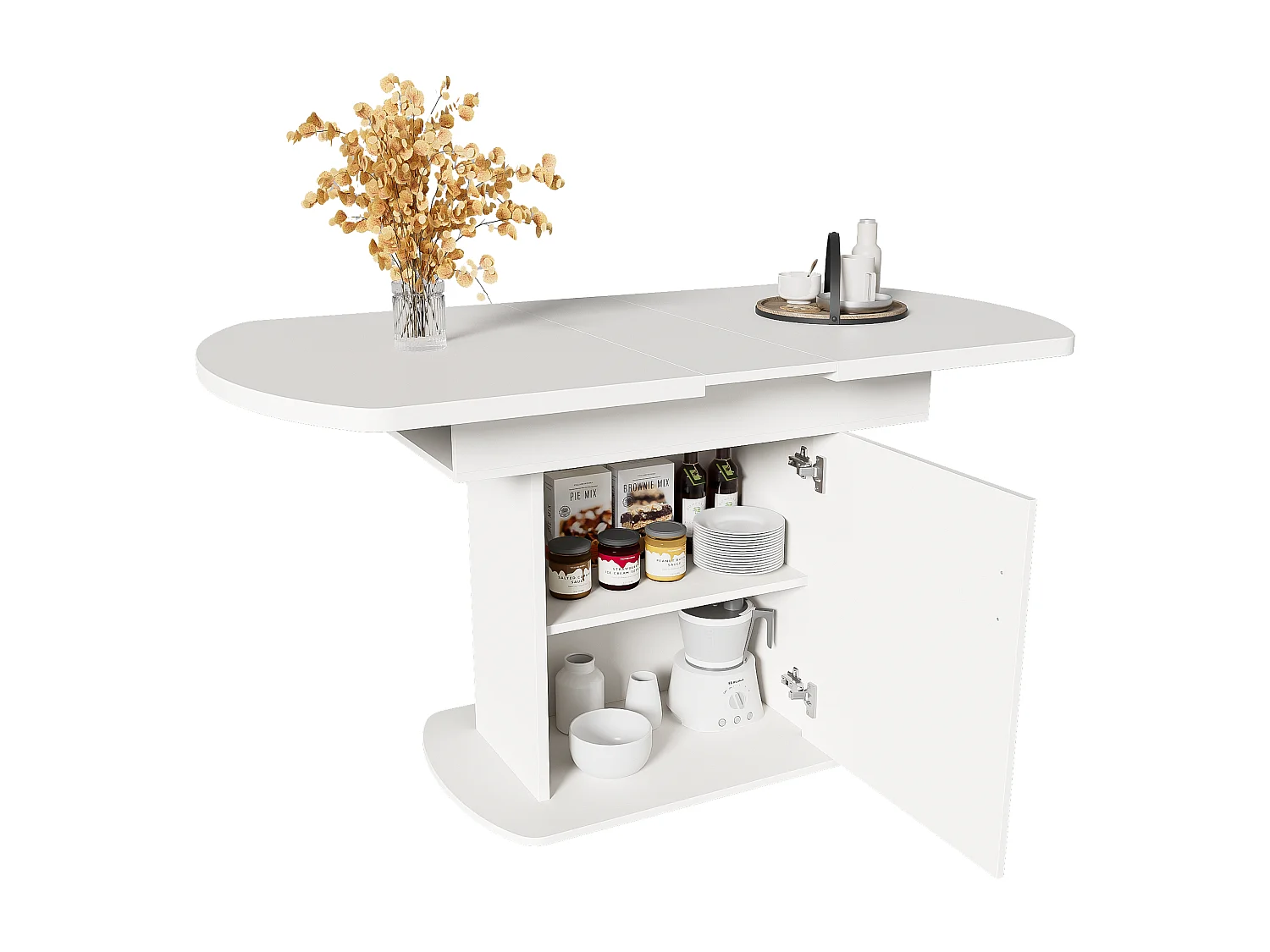 Mesa de jantar oval extensível para 4 a 6 talheres com prateleiras - C110/130xL70xA75cm - Aglomerado - Branco + prata