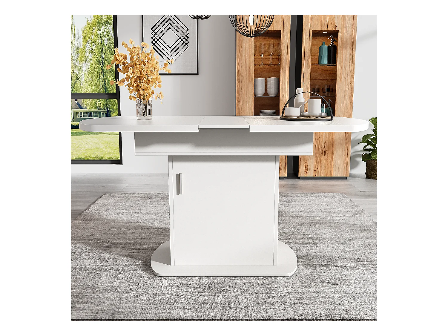Ovaler ausziehbarer Esstisch für 4 bis 6 Gedecke mit Regalen – L110/130xB70xH75cm – Spanplatte – Weiß + Silber