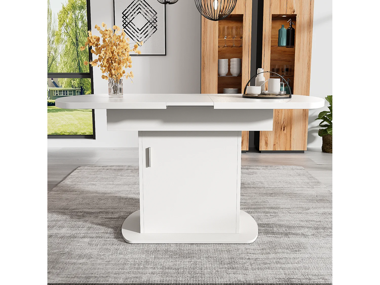 Tavolo da pranzo ovale allungabile per 4-6 coperti con ripiani - L110/130xP70xH75cm - Truciolare - Bianco + argento