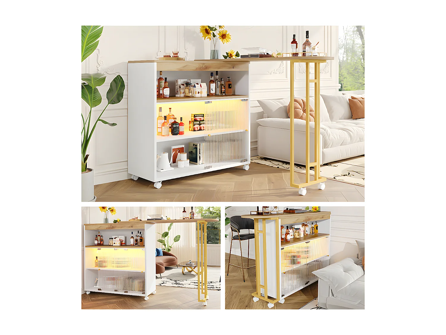 Meuble de bar extensible - 2 portes en verre coulissantes et 3 étagères - MDF plateau effet bois - LEDs - Naturel et blanc