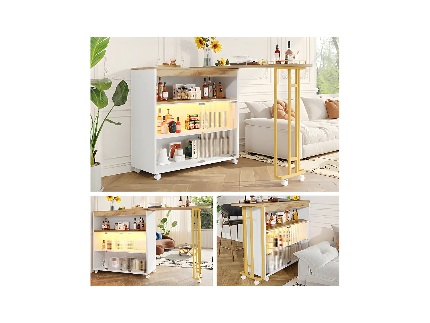 Meuble de bar extensible - 2 portes en verre coulissantes et 3 étagères - MDF plateau effet bois - LEDs - Naturel et blanc