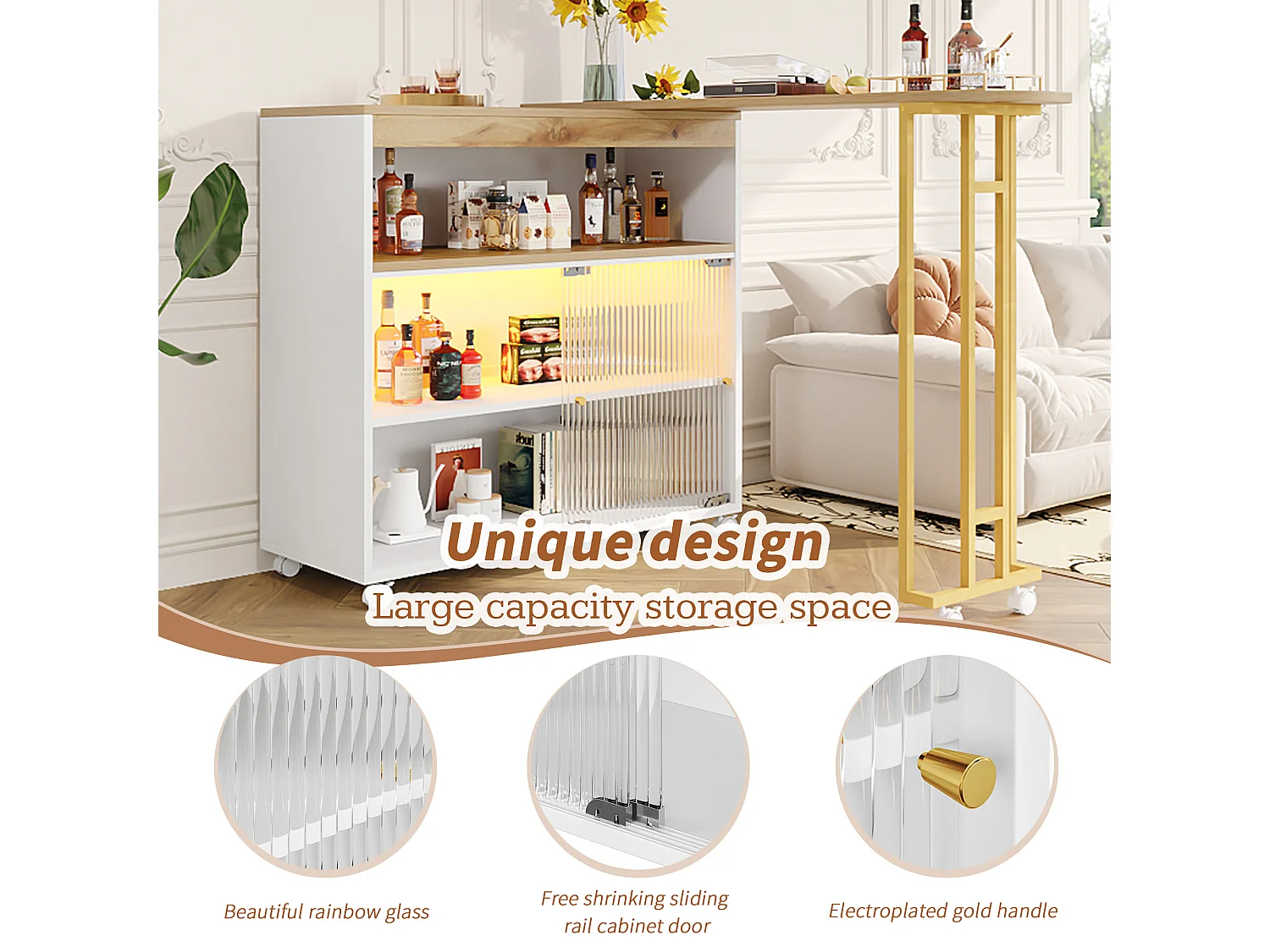 Meuble de bar extensible - 2 portes en verre coulissantes et 3 étagères - MDF plateau effet bois - LEDs - Naturel et blanc