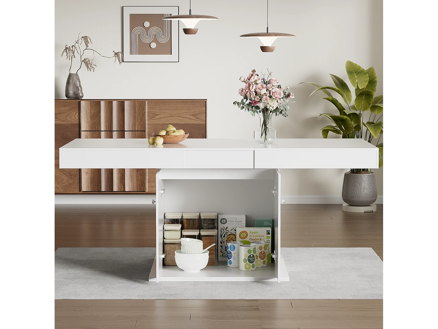 Uitschuifbare eettafel voor 4 tot 6 couverts met 2 deuren - L140/180xB80xH76cm - Spaanplaat - Wit