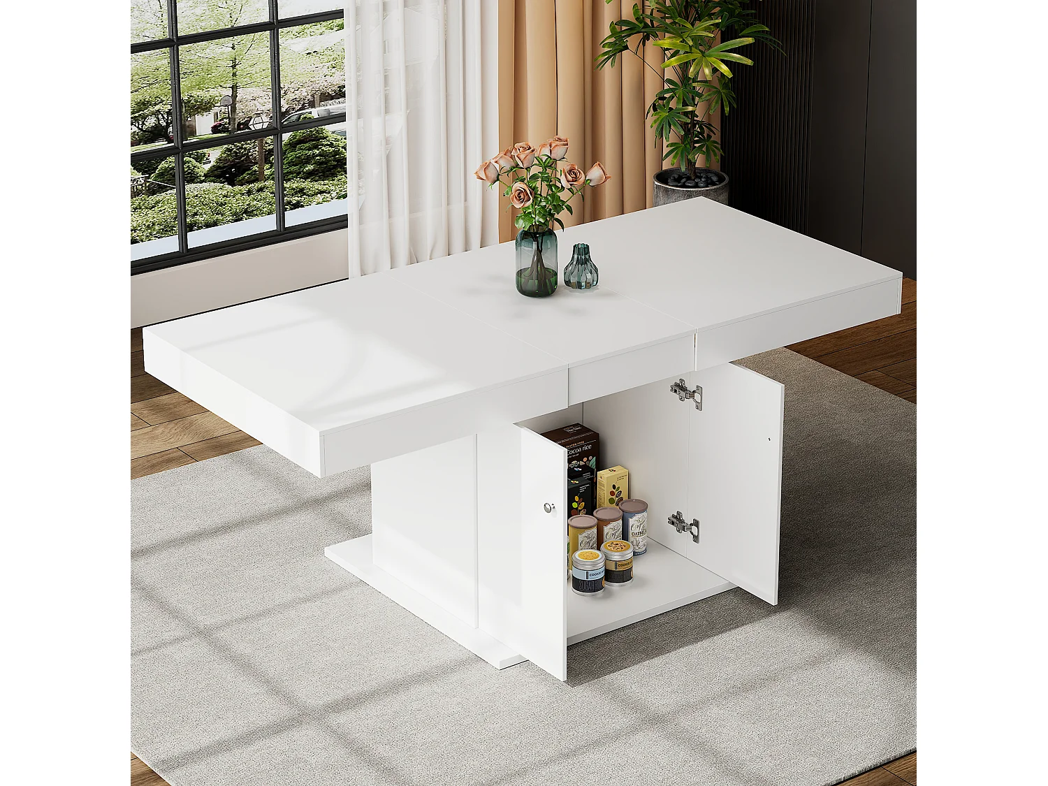 Table à manger extensible 4 à 6 couverts avec 2 portes - L140/180xW80xH76cm - Panneau de particules - Blanc