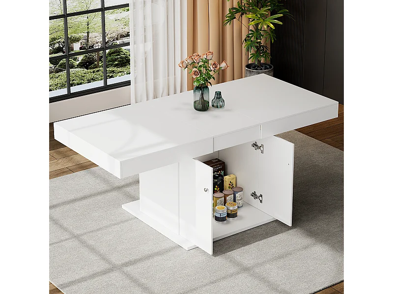Table à manger extensible 4 à 6 couverts avec 2 portes - L140/180xW80xH76cm - Panneau de particules - Blanc
