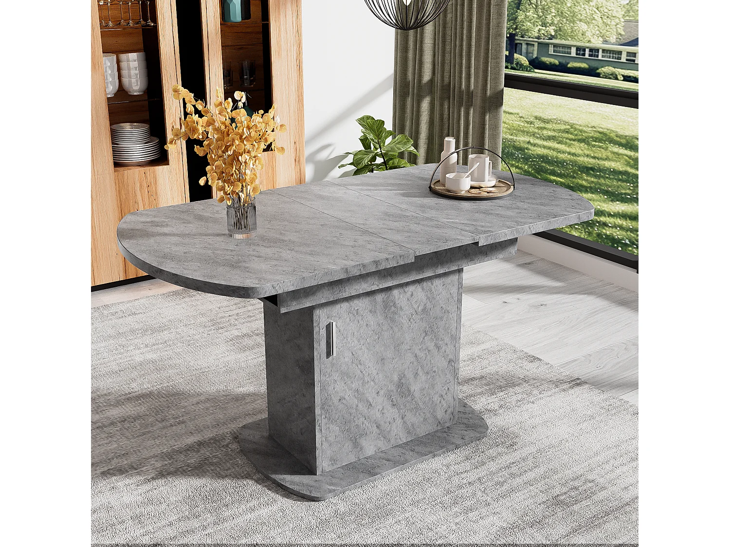 Table à manger ovale extensible 4 à 6 couverts avec étagères - L110/130xW70xH75cm - Panneau de particules - Gris