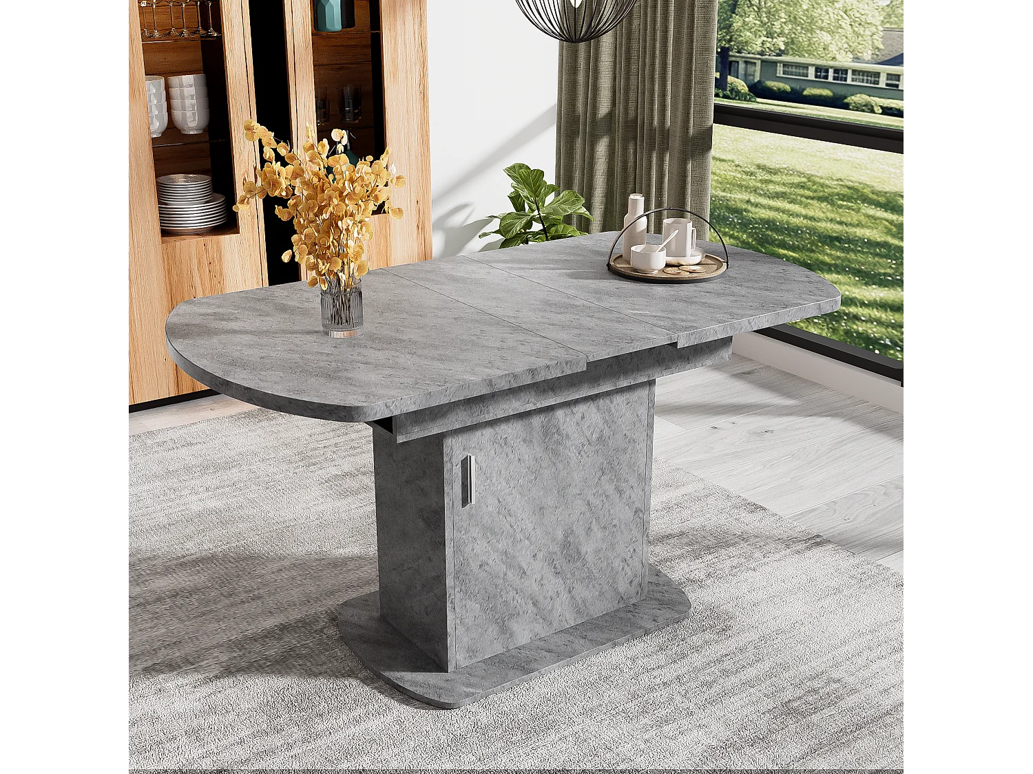 Table à manger ovale extensible 4 à 6 couverts avec étagères - L110/130xW70xH75cm - Panneau de particules - Gris