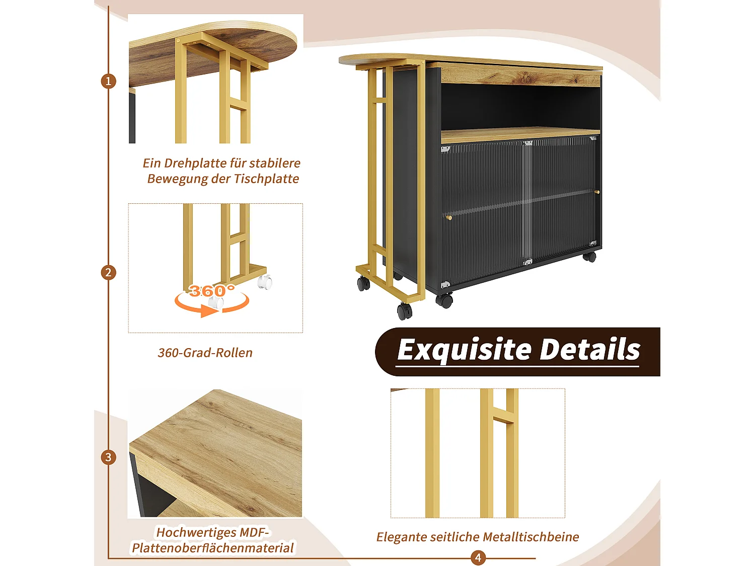 Uitschuifbare barkast - 2 glazen schuifdeuren en 3 planken - Bovenblad met MDF-houteffect - LED's - Naturel en zwart