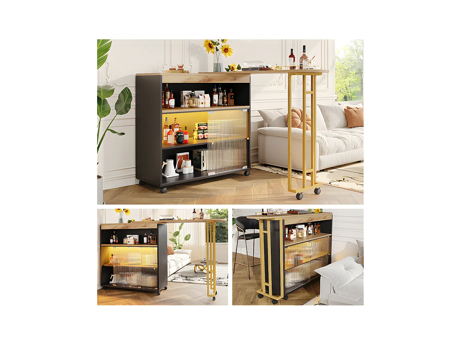 Meuble de bar extensible - 2 portes en verre coulissantes et 3 étagères - MDF plateau effet bois - LEDs - Naturel et noir