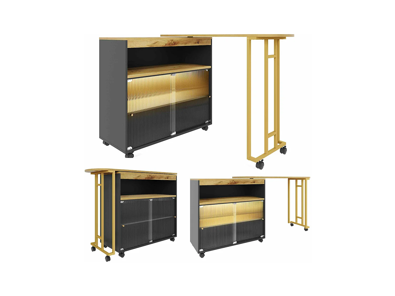 Rozkładana szafka barowa - 2 przesuwane drzwi szklane i 3 półki - blat MDF imitujący drewno - diody LED - naturalny i czarny