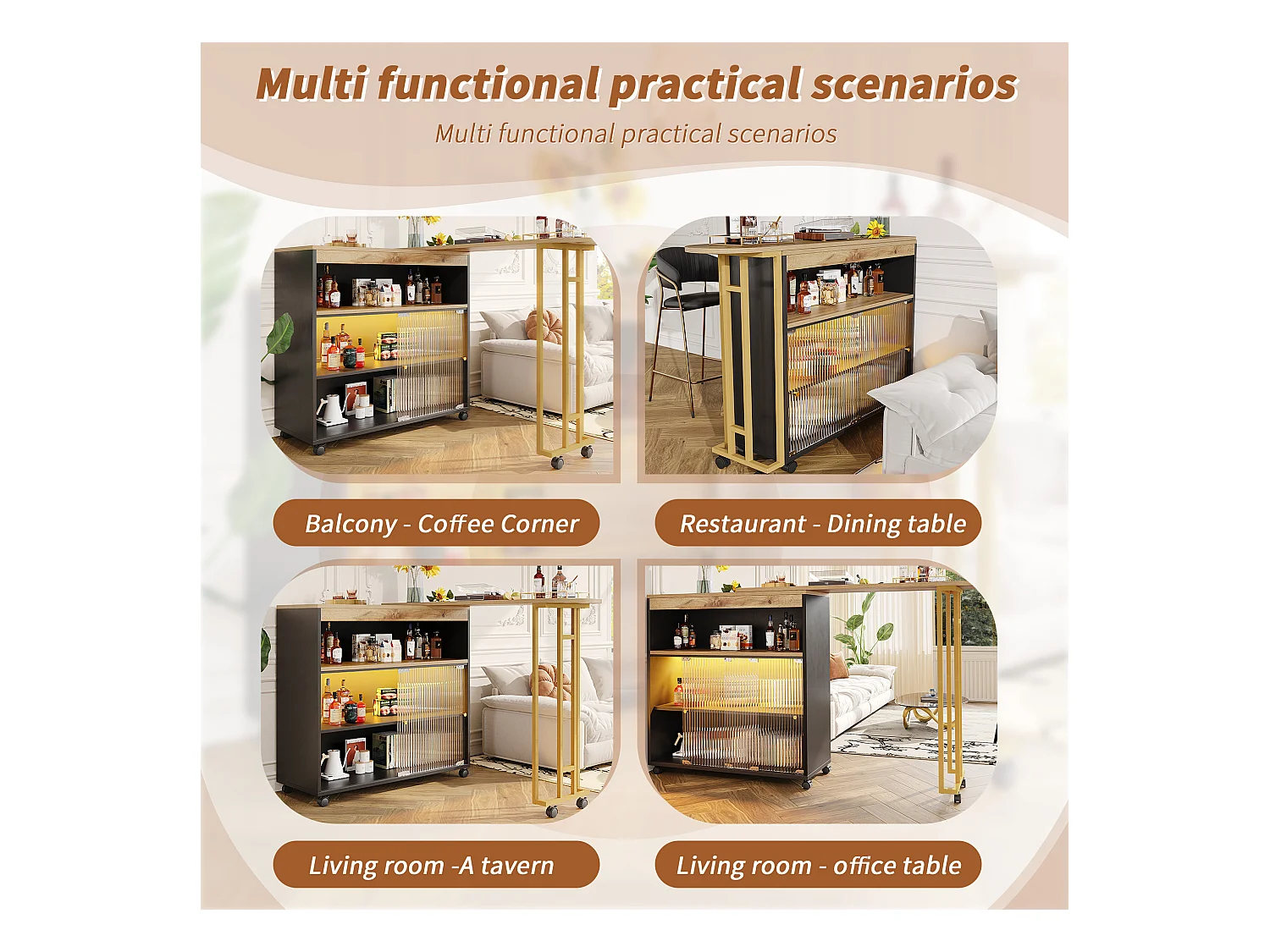Rozkładana szafka barowa - 2 przesuwane drzwi szklane i 3 półki - blat MDF imitujący drewno - diody LED - naturalny i czarny