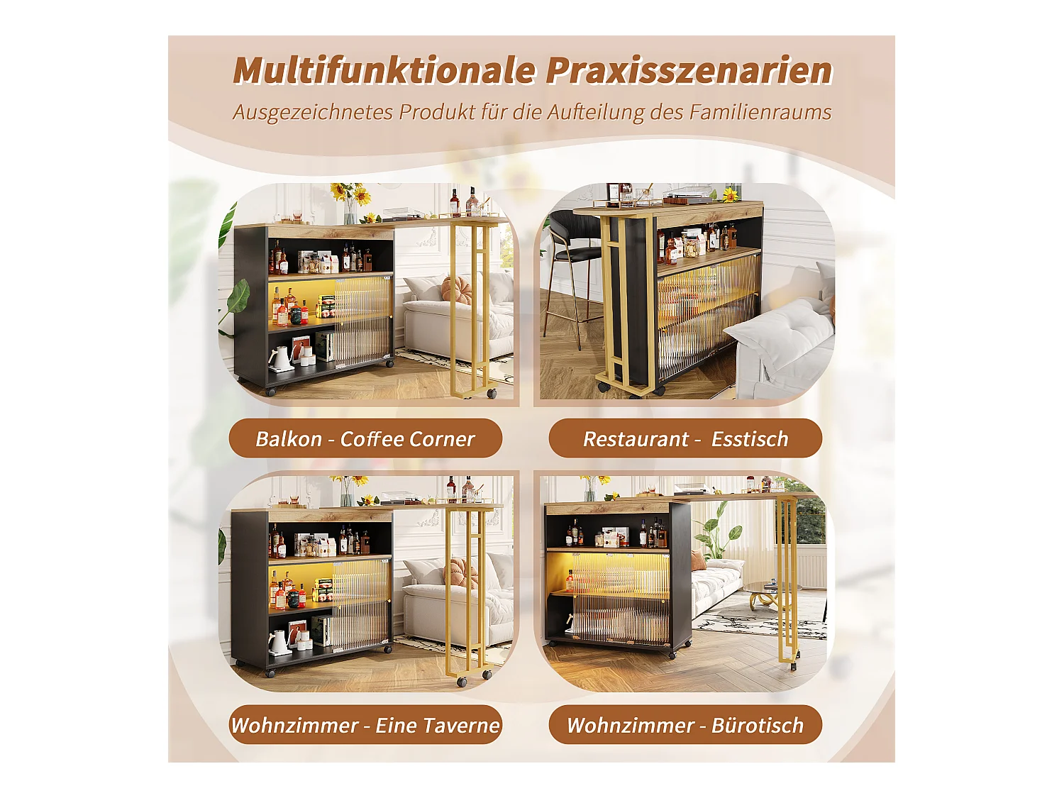 Rozkładana szafka barowa - 2 przesuwane drzwi szklane i 3 półki - blat MDF imitujący drewno - diody LED - naturalny i czarny