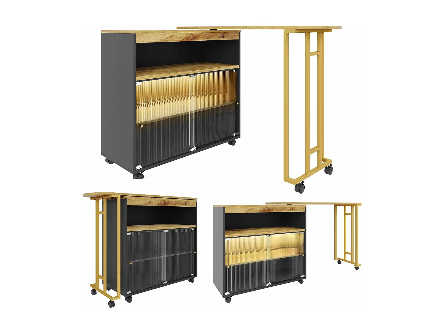 Meuble de bar extensible - 2 portes en verre coulissantes et 3 étagères - MDF plateau effet bois - LEDs - Naturel et noir