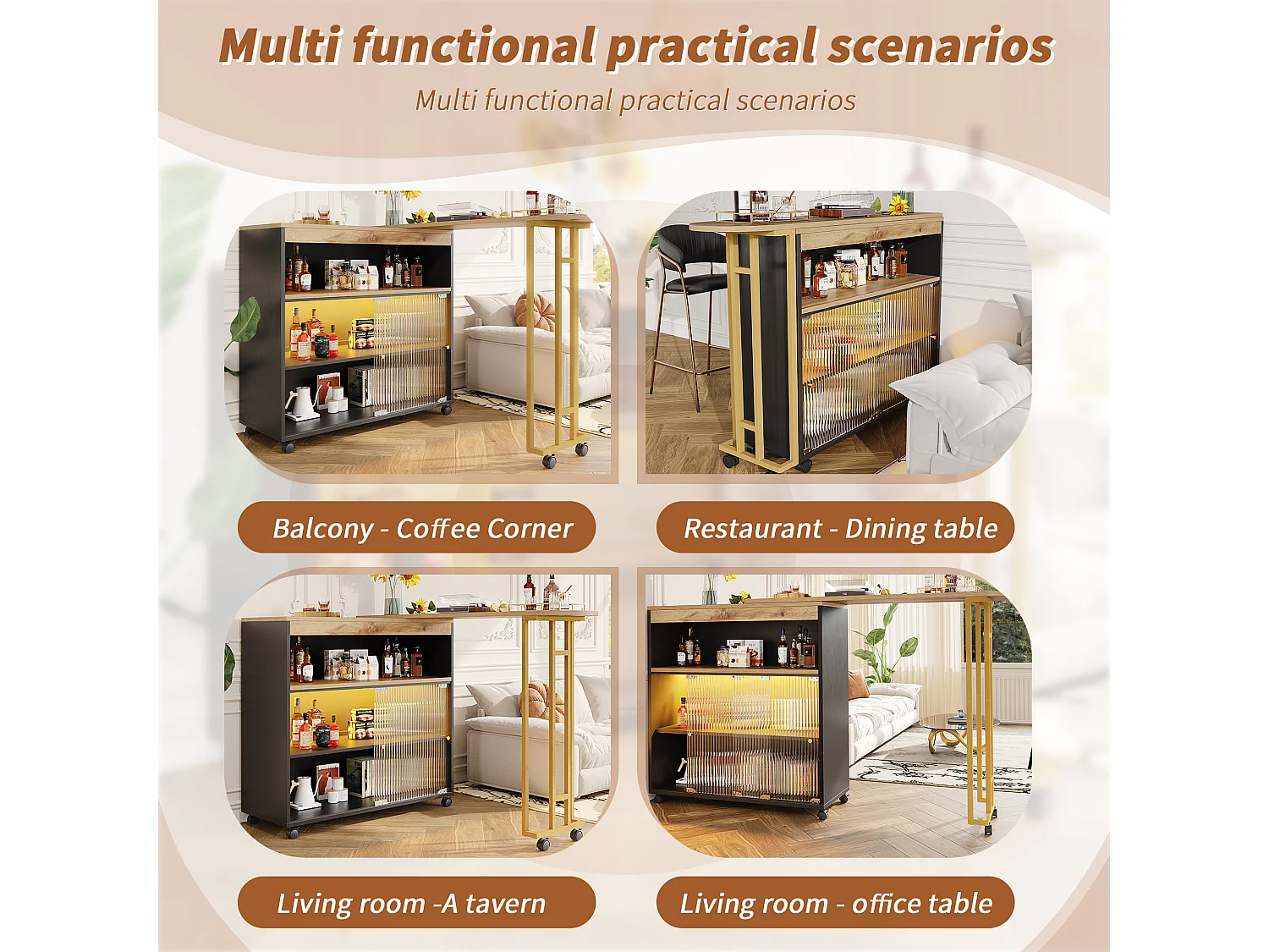 Meuble de bar extensible - 2 portes en verre coulissantes et 3 étagères - MDF plateau effet bois - LEDs - Naturel et noir