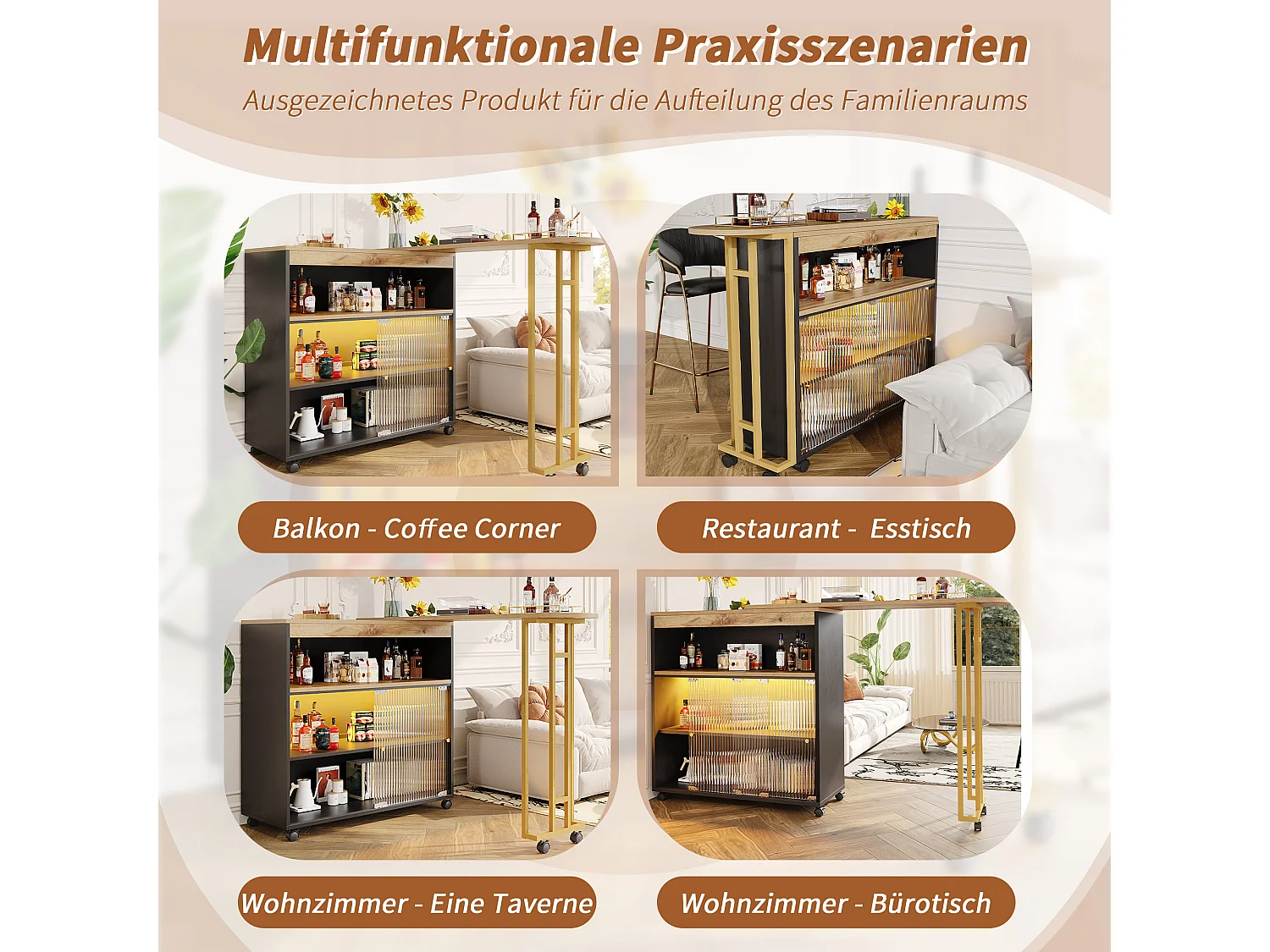 Meuble de bar extensible - 2 portes en verre coulissantes et 3 étagères - MDF plateau effet bois - LEDs - Naturel et noir