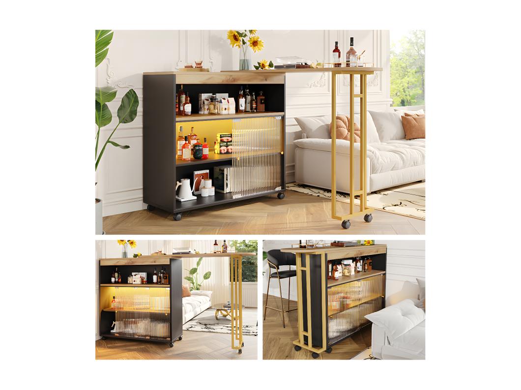 Mobile bar allungabile - 2 ante scorrevoli in vetro e 3 ripiani - Piano in MDF effetto legno - LED - Naturale e nero