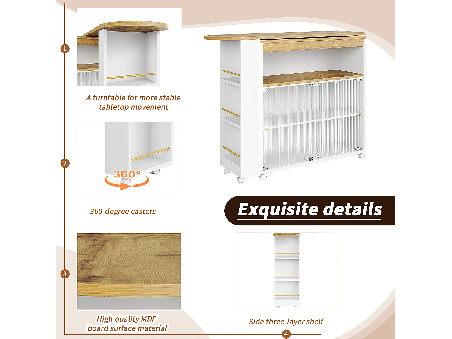 Mueble bar extensible - 2 puertas correderas de cristal, 3 estantes de almacenamiento y nicho - Tapa efecto madera MDF - LED - Natural y negro