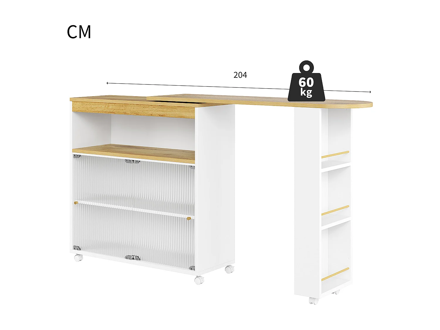 Meuble de bar extensible - 2 portes en verre coulissantes, 3 étagères de rangement & niche - MDF plateau effet bois - LEDs - Naturel et blanc