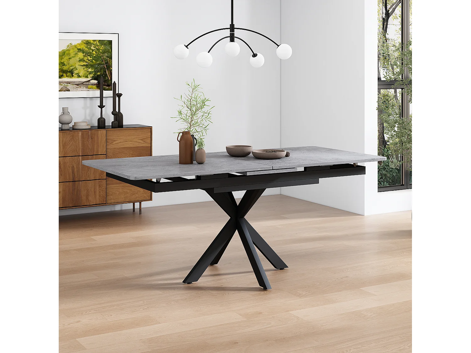 Table à manger extensible 4 à 6 couverts - L150/180 x L70 x H76 cm - Bois MDF et métal - Motif marbre - Gris