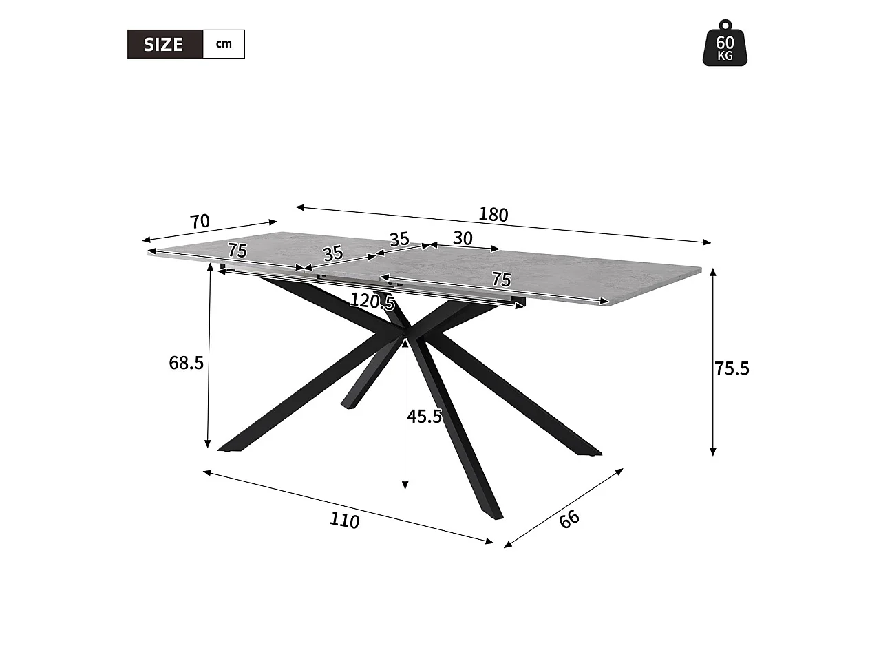 Utdragbart matbord för 4 till 6 kuvert - L150/180 x B70 x H76 cm - MDF-trä och metall - Marmormönster - Grå