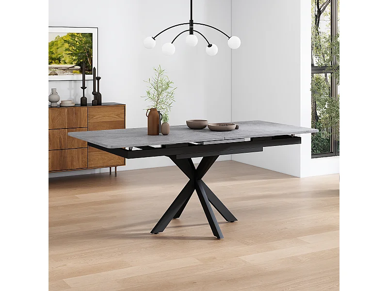 Table à manger extensible 4 à 6 couverts - L150/180 x L70 x H76 cm - Bois MDF et métal - Motif marbre - Gris