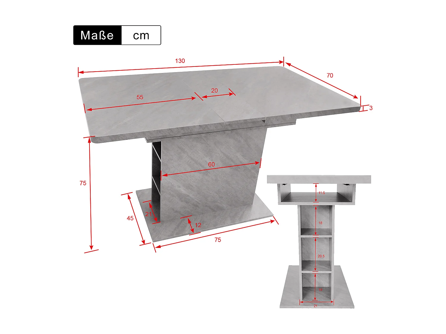 Mesa de jantar extensível para 4 a 6 talheres com arrumação - C130xL70xA75cm - Aglomerado - Cinza