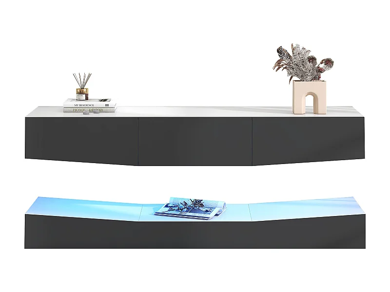 Hängendes TV-Möbel mit 3 Türen – LEDs – Tischplatten mit Marmormuster – Spanplatte – Grau und Weiß