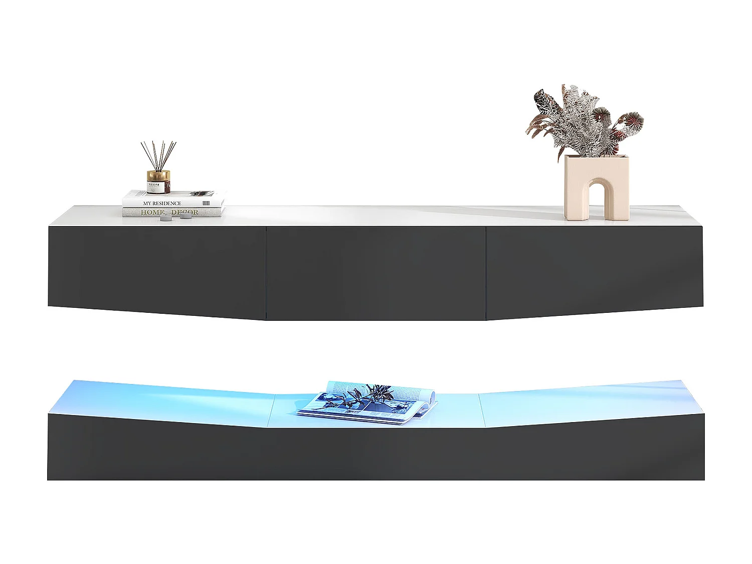 Meuble TV suspendu avec 3 portes - LEDs - plateaux en motif marbre - Panneaux de particules - gris et blanc