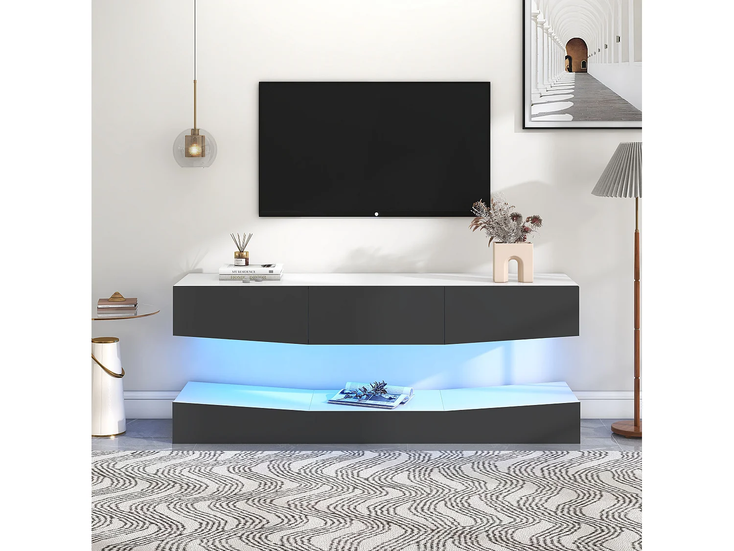 Meuble TV suspendu avec 3 portes - LEDs - plateaux en motif marbre - Panneaux de particules - gris et blanc