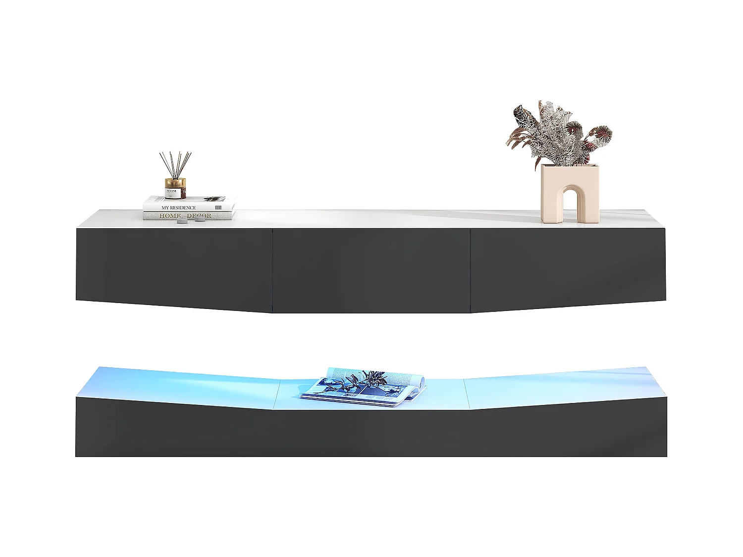 Meuble TV suspendu avec 3 portes - LEDs - plateaux en motif marbre - Panneaux de particules - gris et blanc