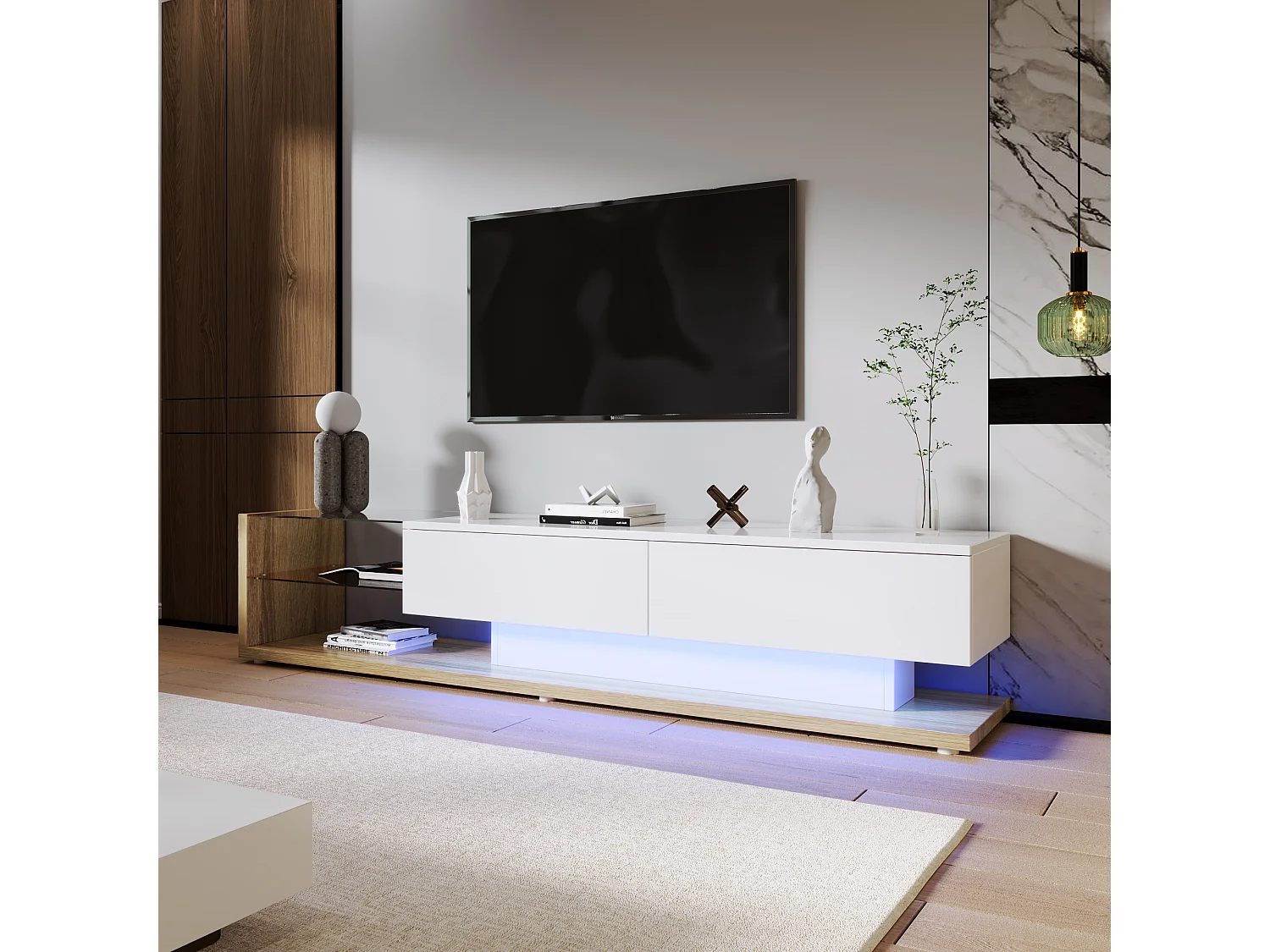Mobile TV con 2 cassetti e ripiani in vetro - 170 x 36 x 38 cm - LED - Truciolare - Bianco + naturale