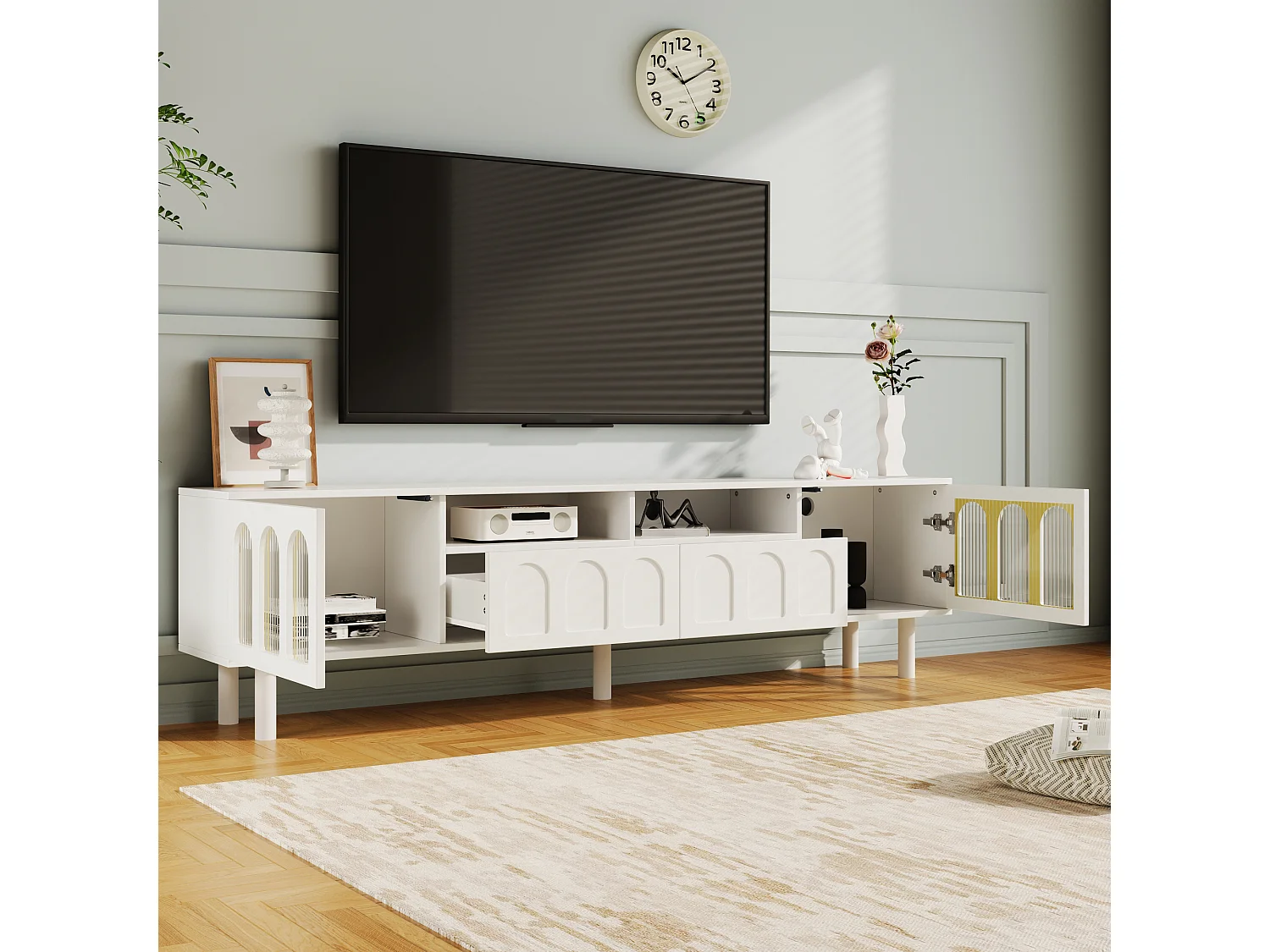 Meuble TV avec 2 portes, 2 tiroirs et 2 niches - 180 x 30 x 48 cm - Panneaux de particules - Blanc