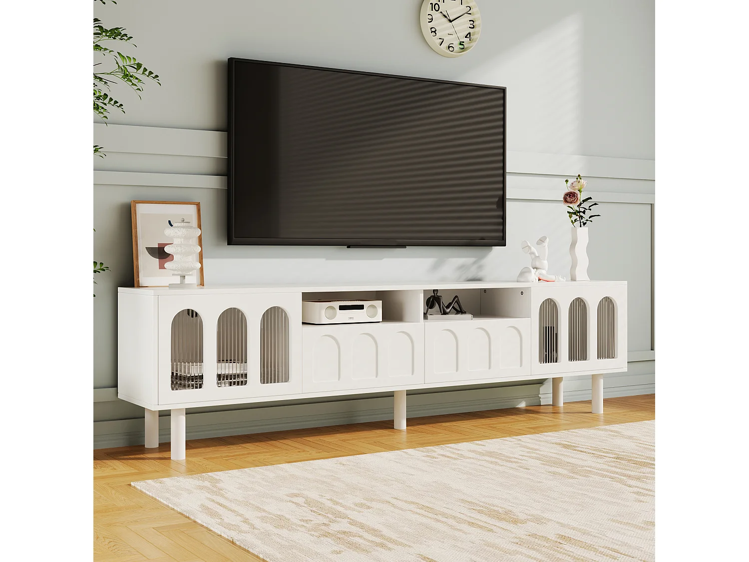 Meuble TV avec 2 portes, 2 tiroirs et 2 niches - 180 x 30 x 48 cm - Panneaux de particules - Blanc