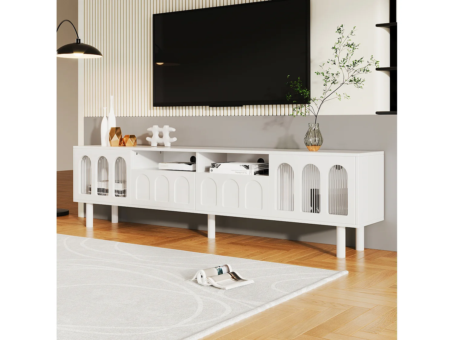 Meuble TV avec 2 portes, 2 tiroirs et 2 niches - 180 x 30 x 48 cm - Panneaux de particules - Blanc
