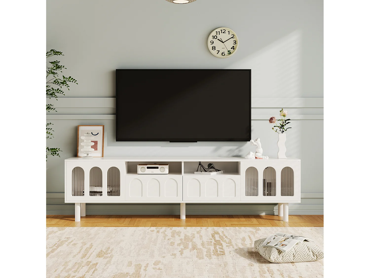 Meuble TV avec 2 portes, 2 tiroirs et 2 niches - 180 x 30 x 48 cm - Panneaux de particules - Blanc