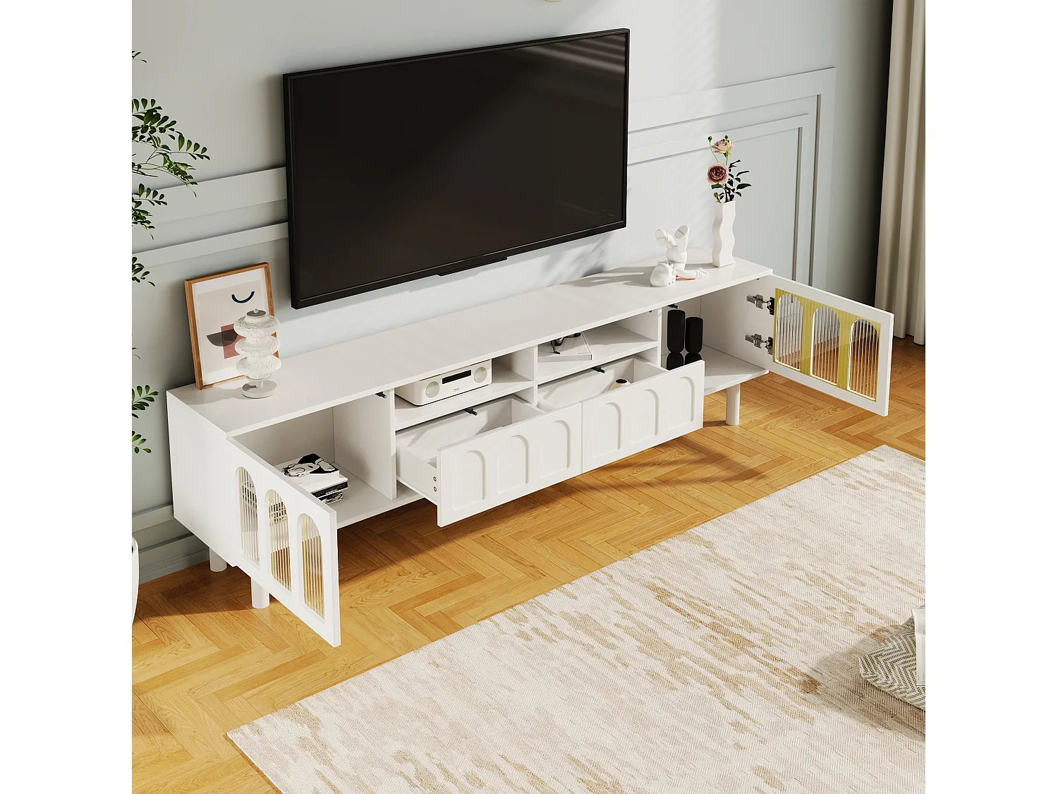 Meuble TV avec 2 portes, 2 tiroirs et 2 niches - 180 x 30 x 48 cm - Panneaux de particules - Blanc