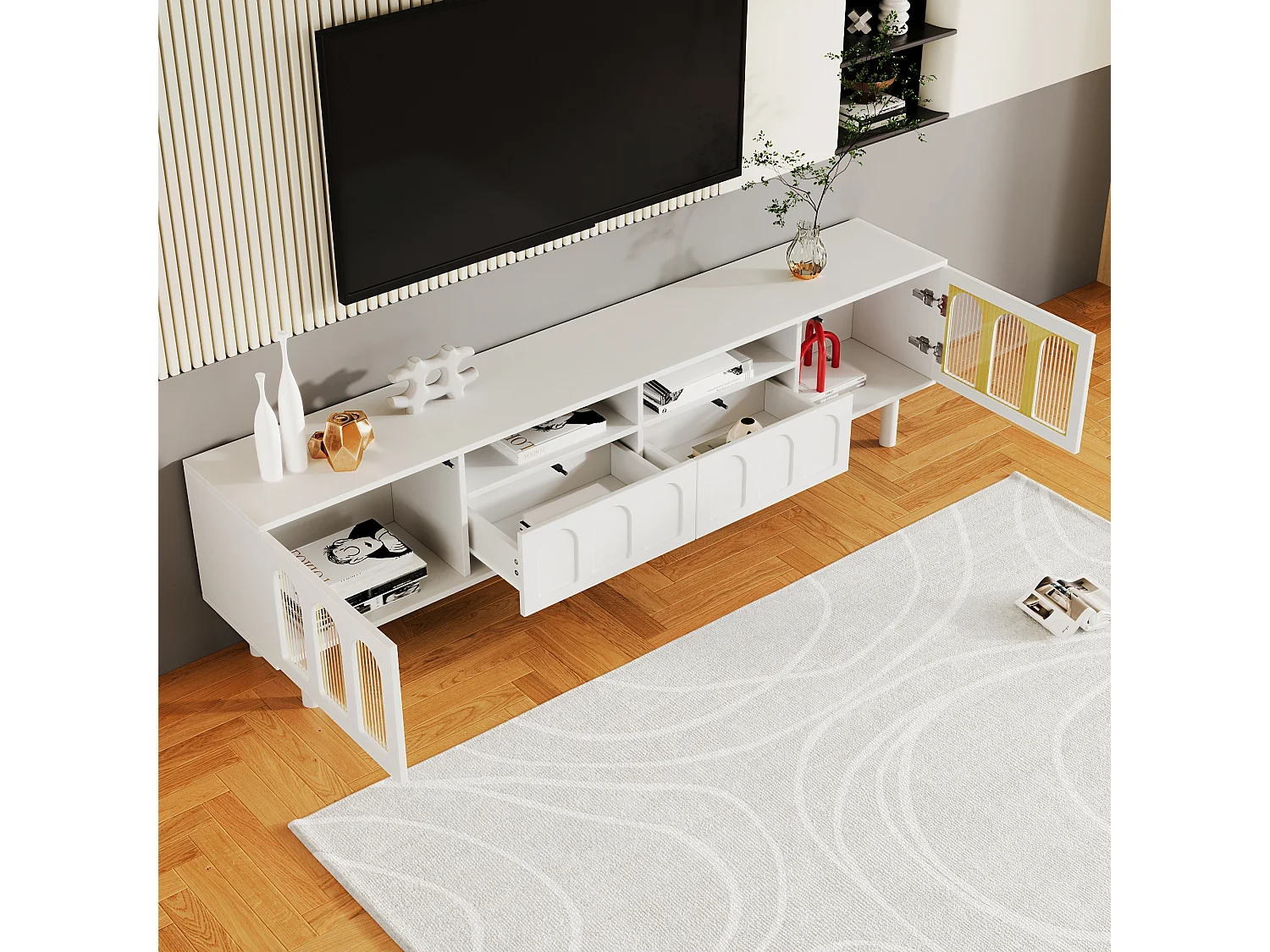Meuble TV avec 2 portes, 2 tiroirs et 2 niches - 180 x 30 x 48 cm - Panneaux de particules - Blanc