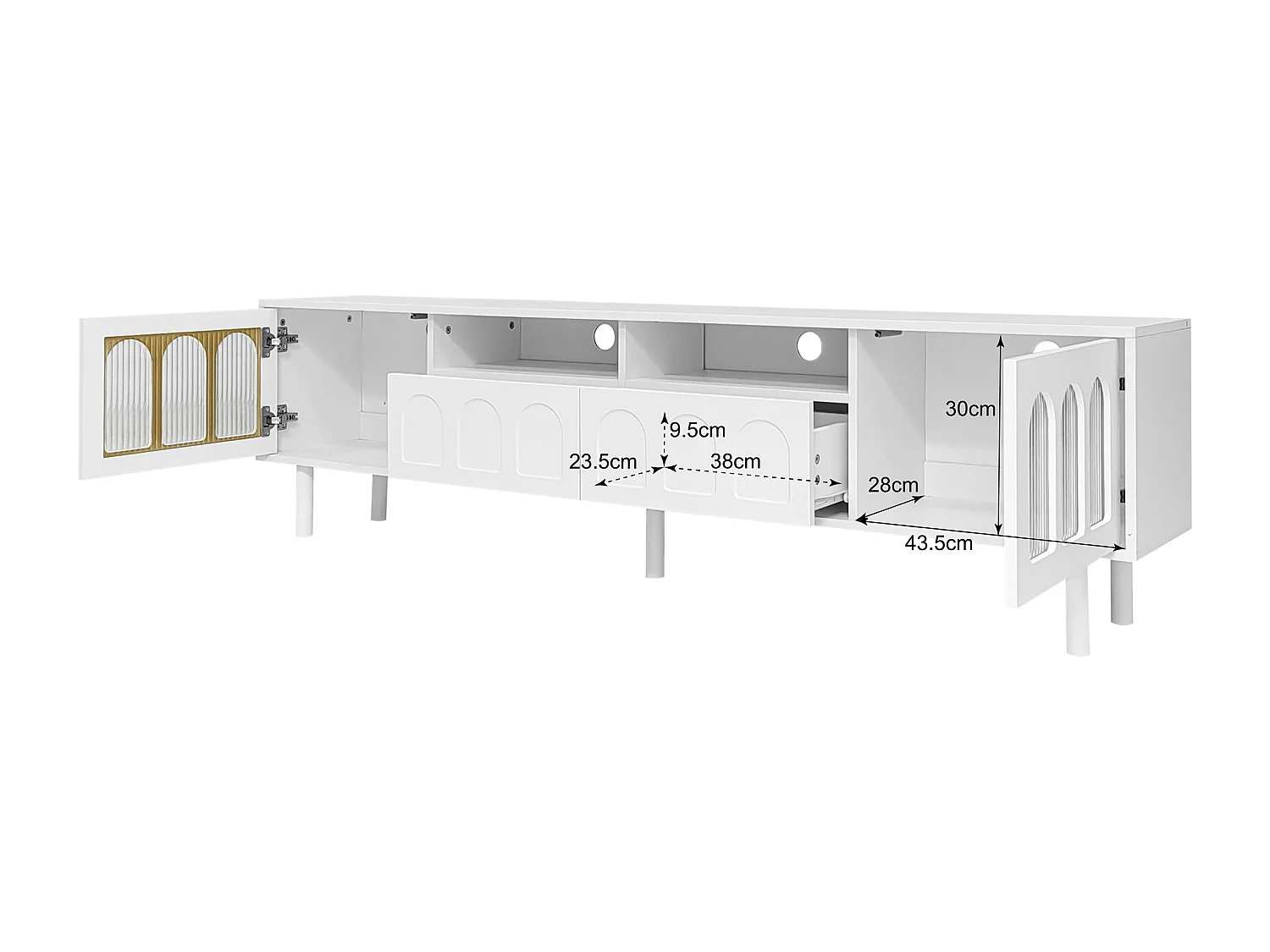 Meuble TV avec 2 portes, 2 tiroirs et 2 niches - 180 x 30 x 48 cm - Panneaux de particules - Blanc