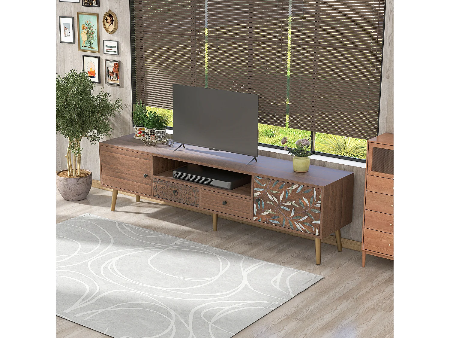 Meuble TV vintage 2 portes, 2 tiroirs, compartiment de rangement - Panneaux de particules - 180x38x50,5cm - Naturel
