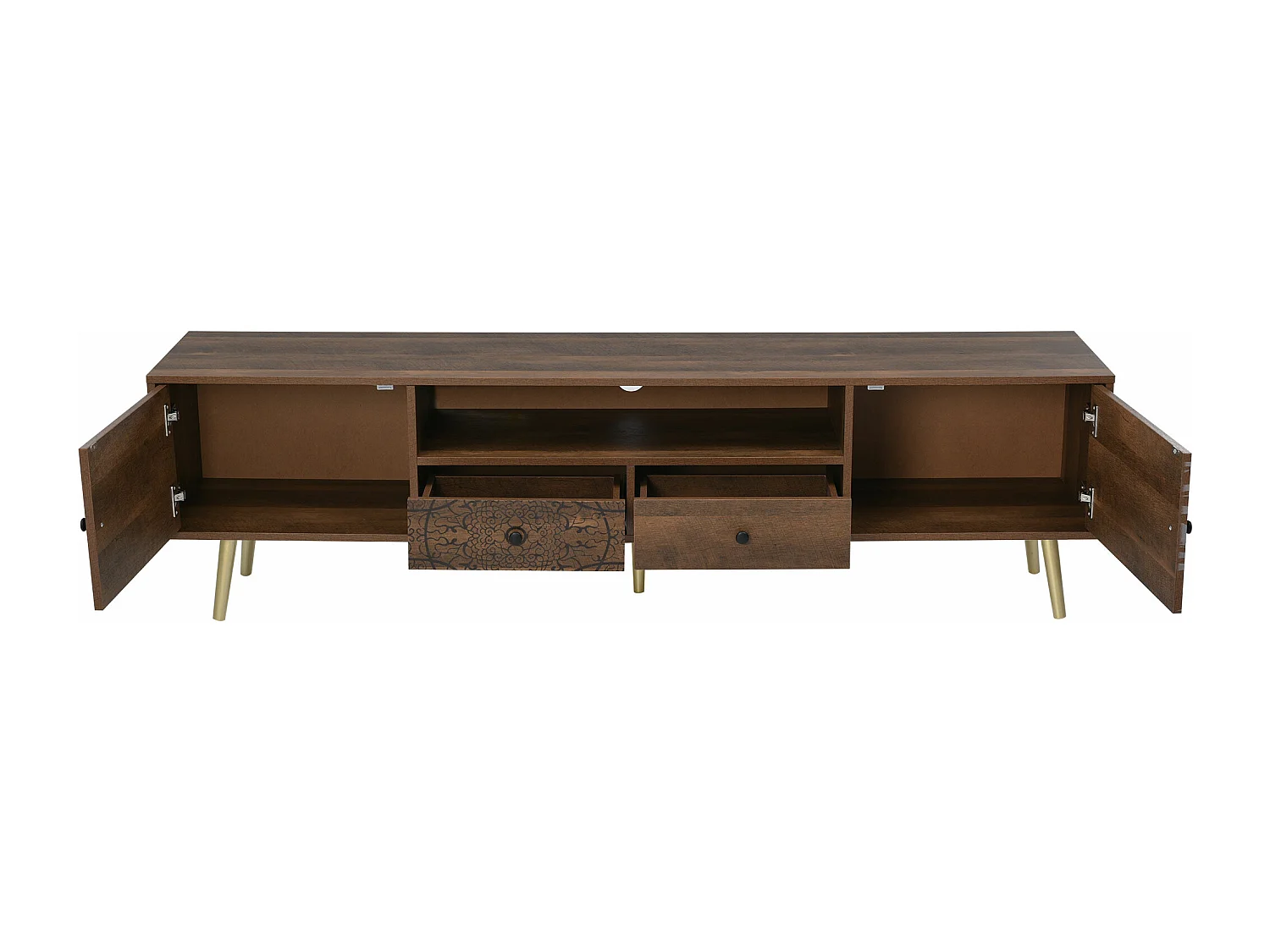 Meuble TV vintage 2 portes, 2 tiroirs, compartiment de rangement - Panneaux de particules - 180x38x50,5cm - Naturel