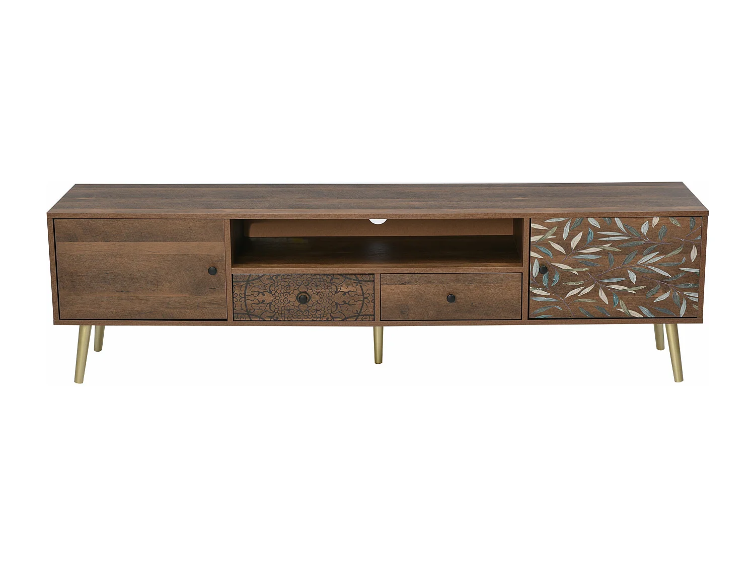 Meuble TV vintage 2 portes, 2 tiroirs, compartiment de rangement - Panneaux de particules - 180x38x50,5cm - Naturel