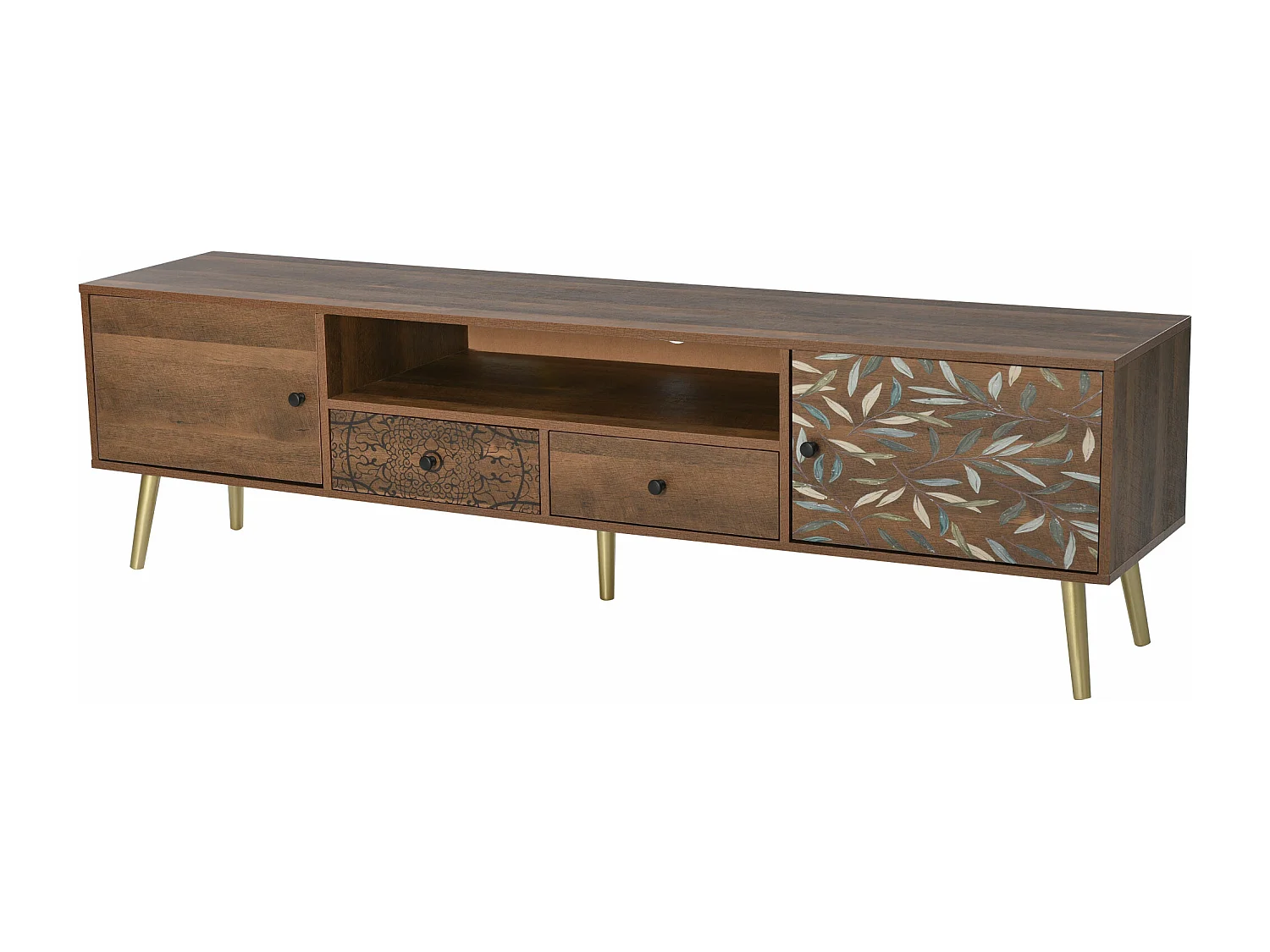 Meuble TV vintage 2 portes, 2 tiroirs, compartiment de rangement - Panneaux de particules - 180x38x50,5cm - Naturel